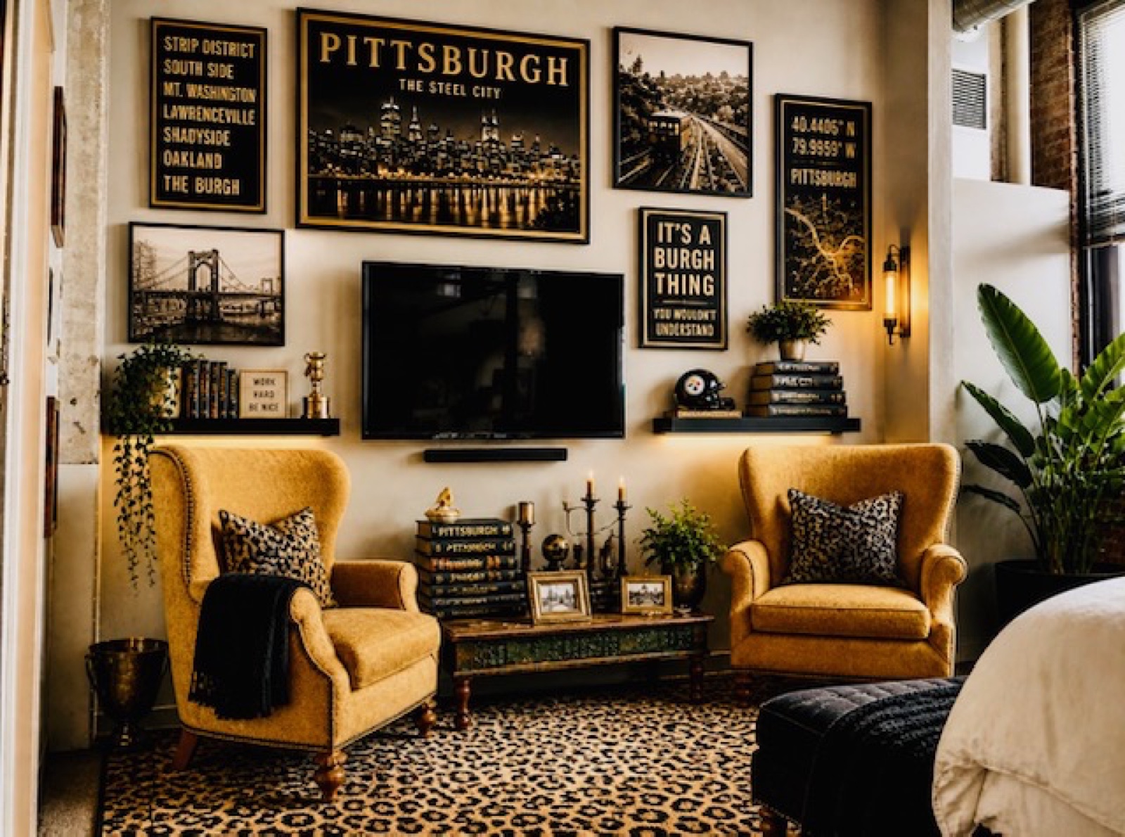 Cork Factory Pittsburgh-themed loft living room after: gallery wall, mustard yellow wingback chairs, leopard rug, and curated city memorabilia
